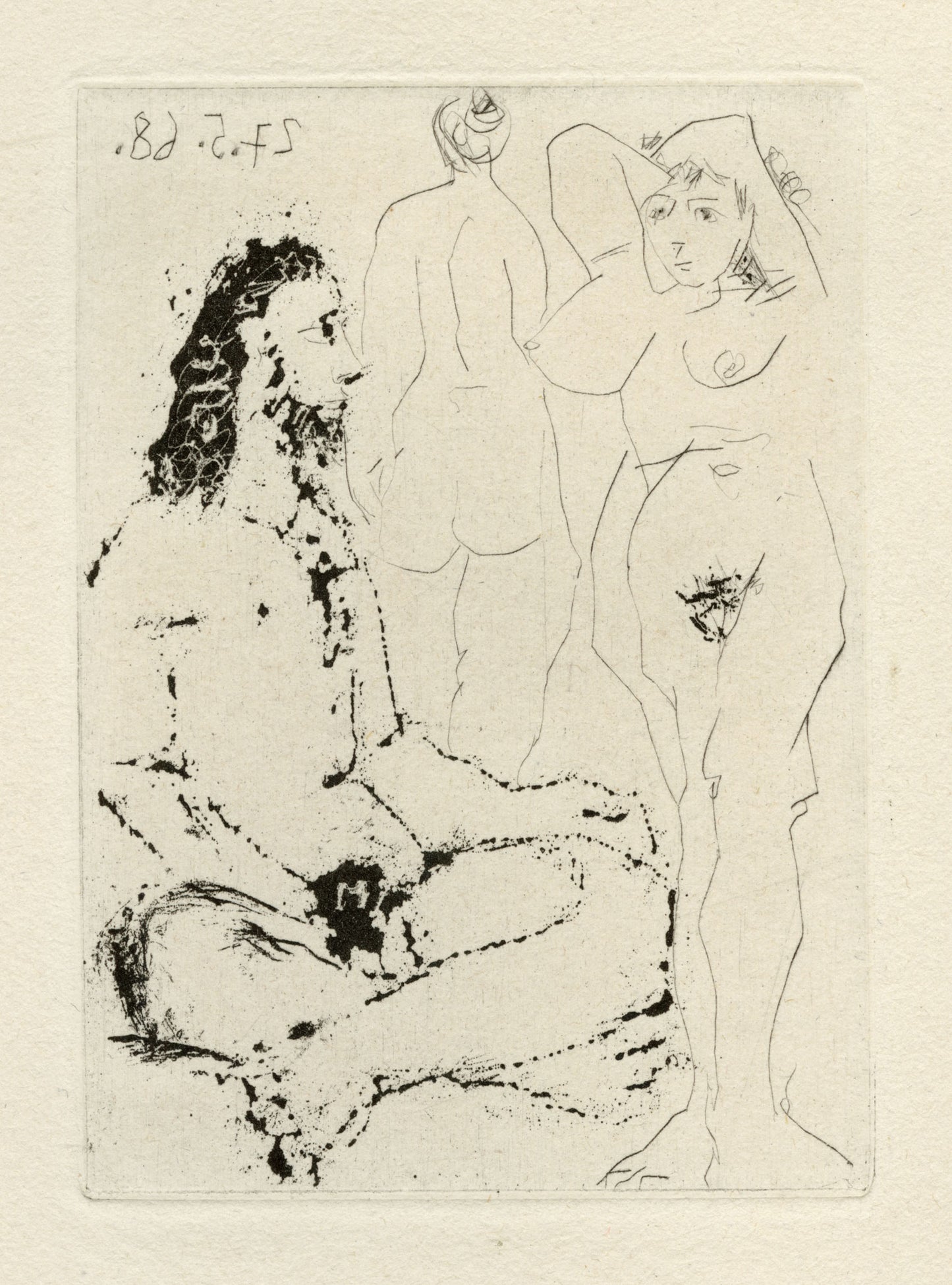 Homme Nu Assis en Tailleur, et Deux Femmes