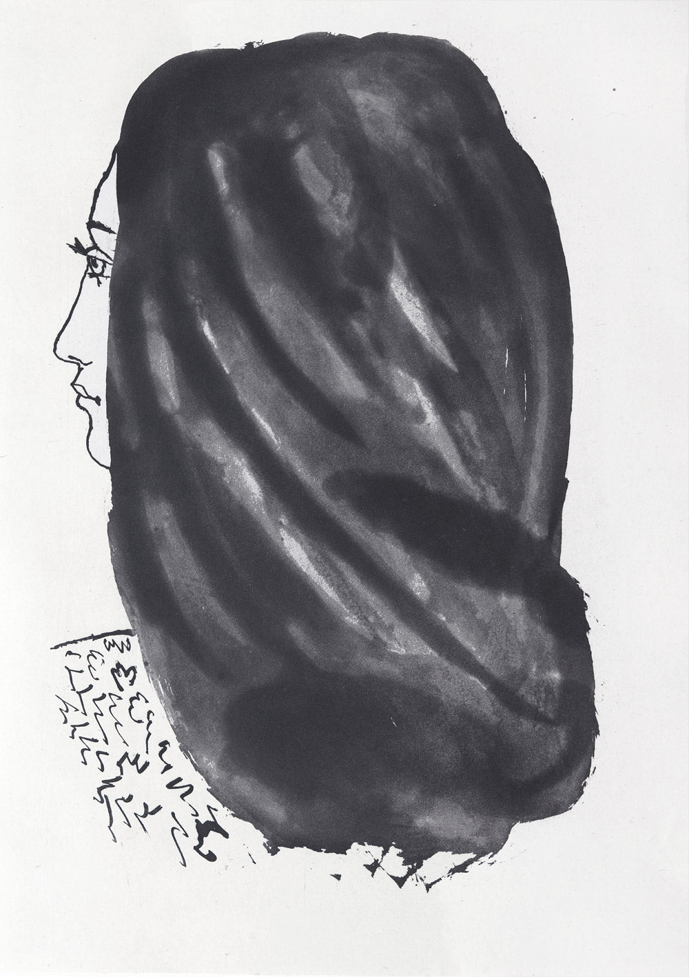 Profile of a woman, with her very lush hair seen from behind