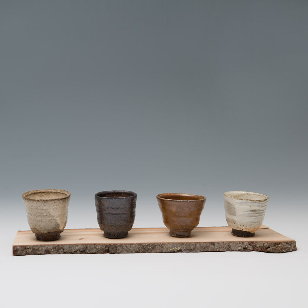 Set of Four Small Cups with Wooden Tray