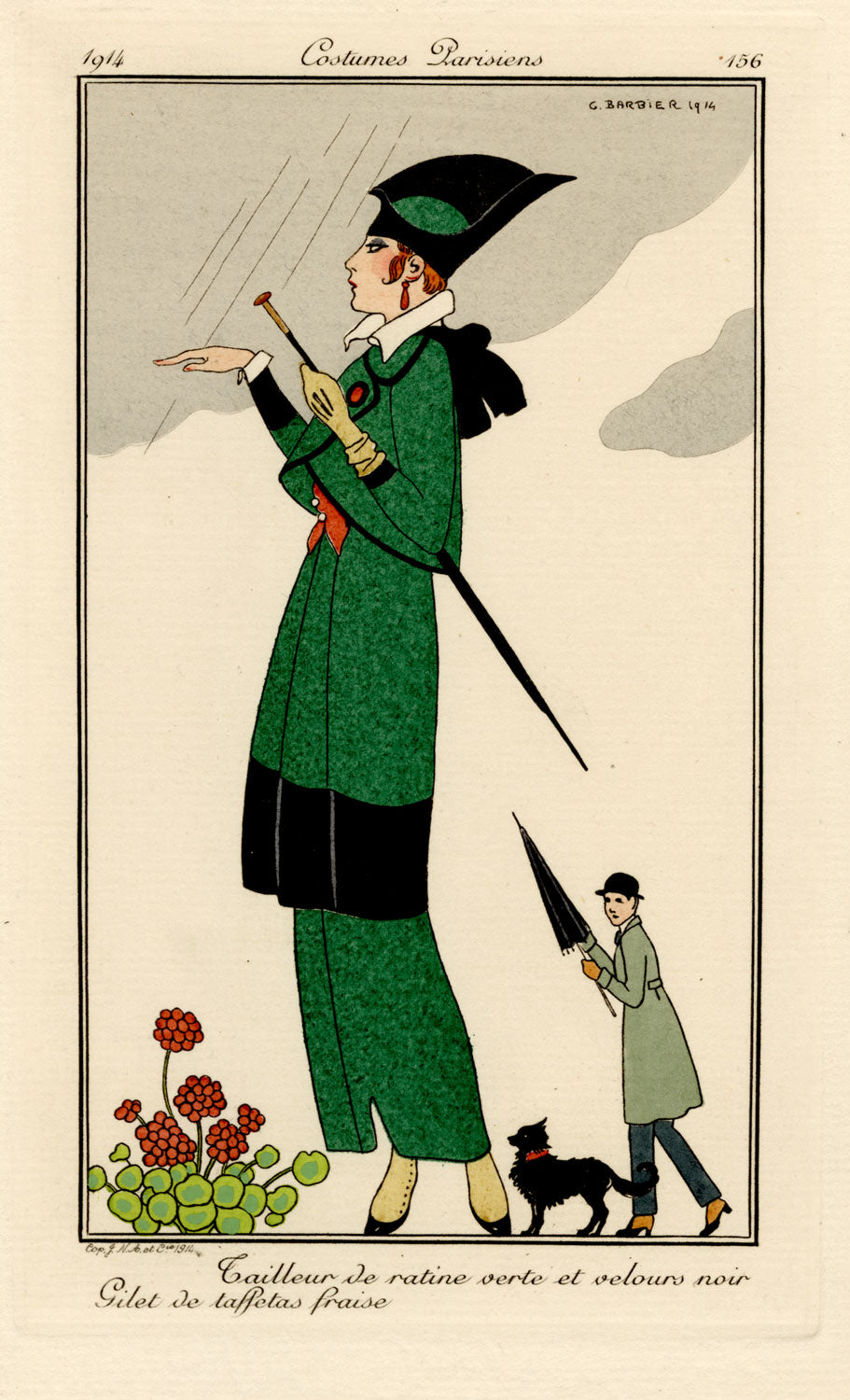 Tailleur de ratine verte et velours noir. Gilet de taffetas fraise