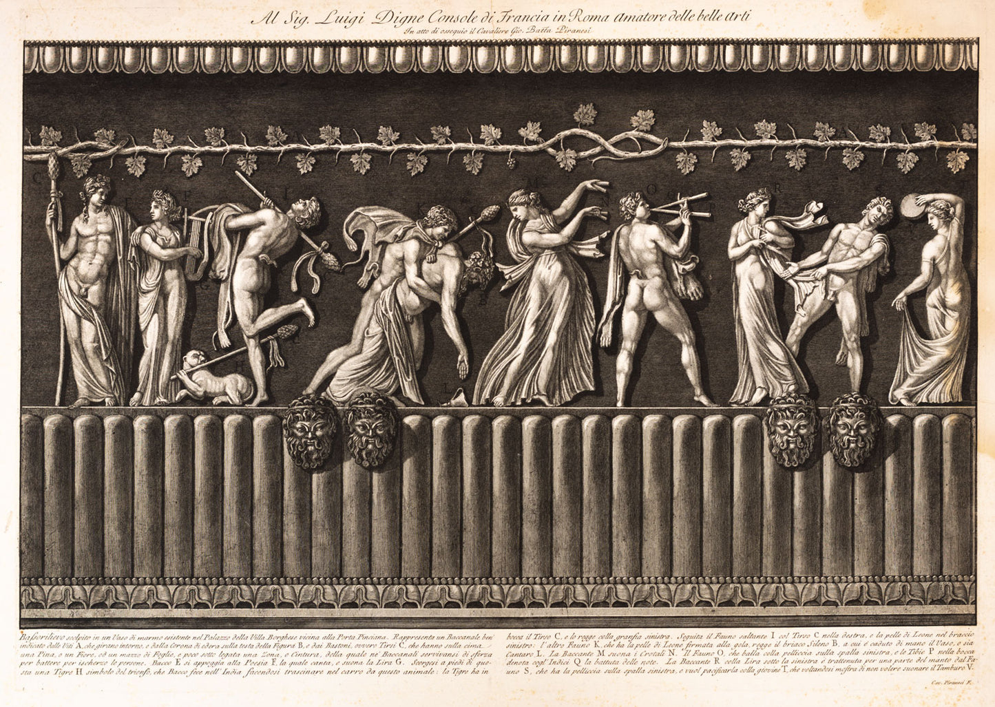 Complete relief of a vase decorated with a bacchanalian frieze.