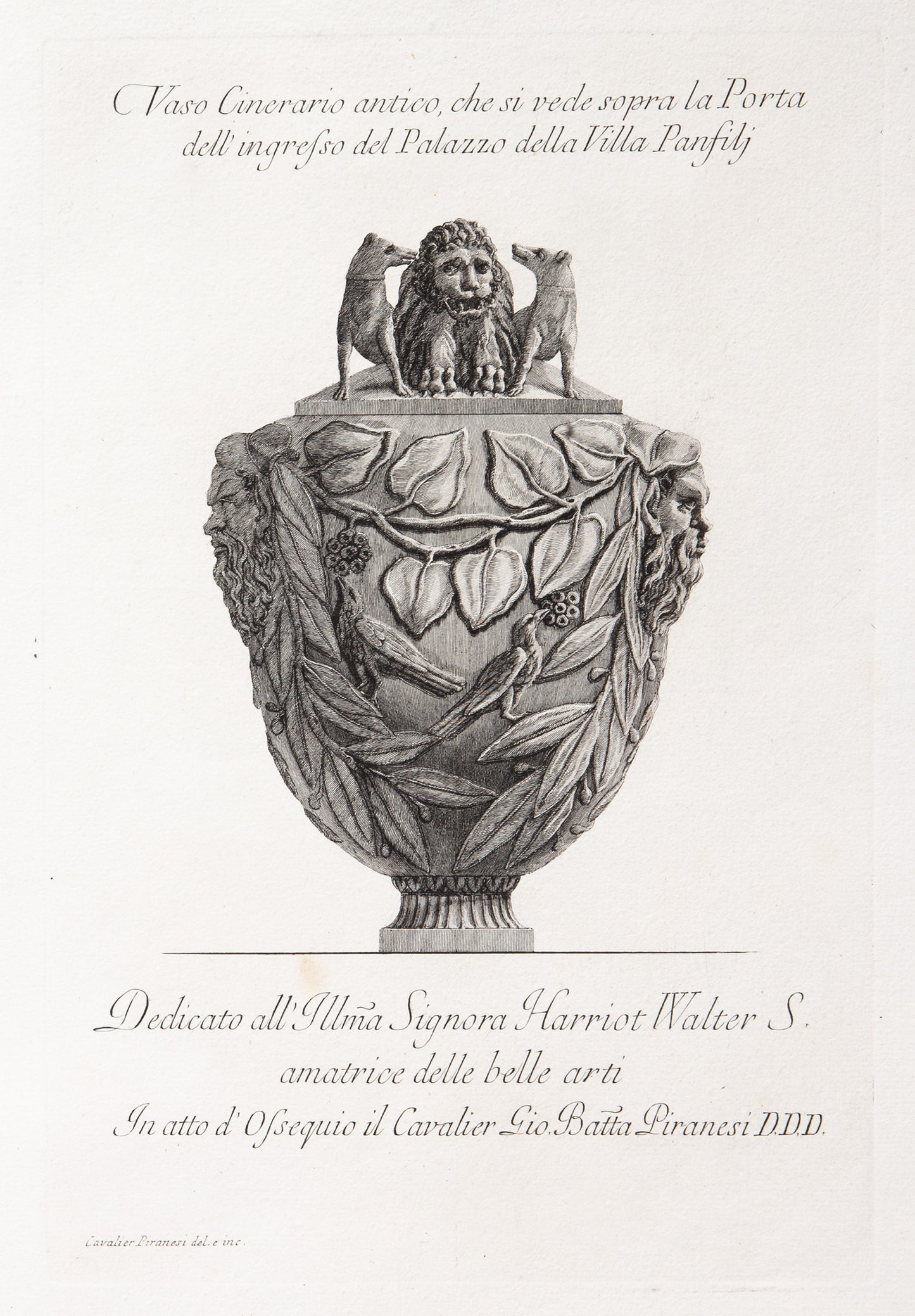 Funerary urn with lion worried by dogs on the lid.