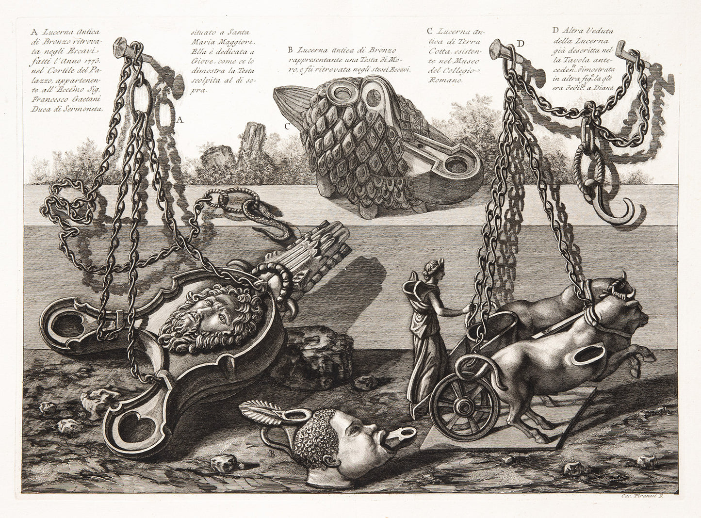 Various lamps of bronze and terracotta including another view of the chariot lamp drawn by two bulls driven by Diana.