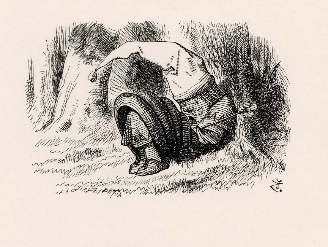 He had a tall red night-cap on, with a tassel, and he was lying crumpled up into a sort of untidy heap, and snoring loud...