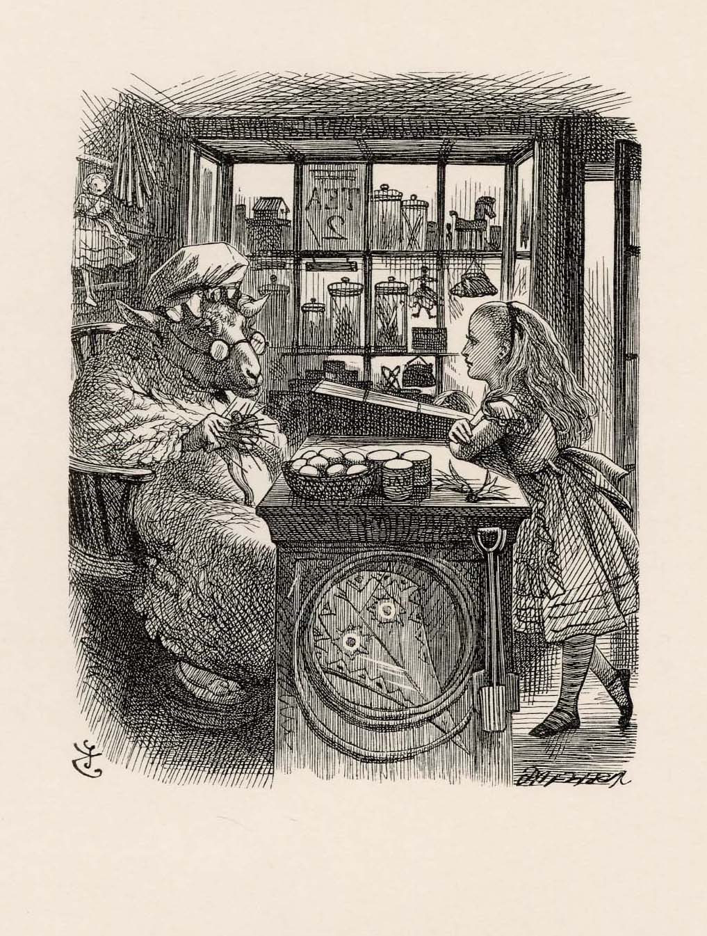 She was in a little dark shop, leaning with her elbows on the counter, and opposite to her was an old Sheep ...