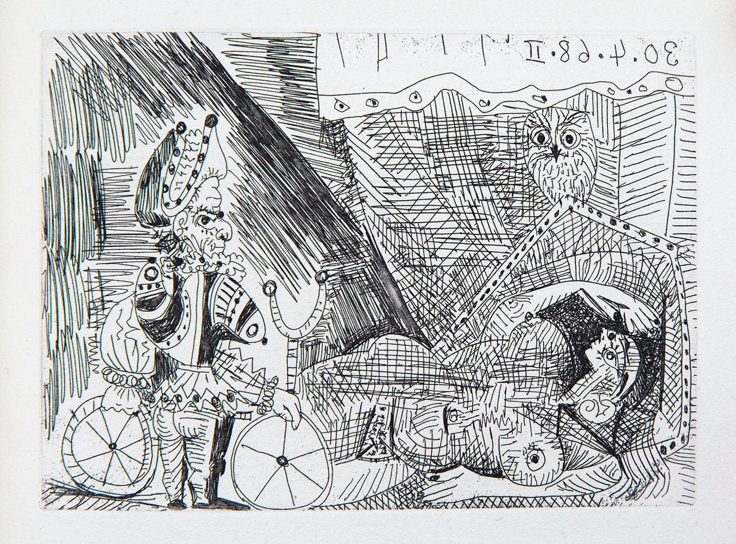 Polichinelle avec une Bicyclette d'Acrobate, et Odalisque au Hibou