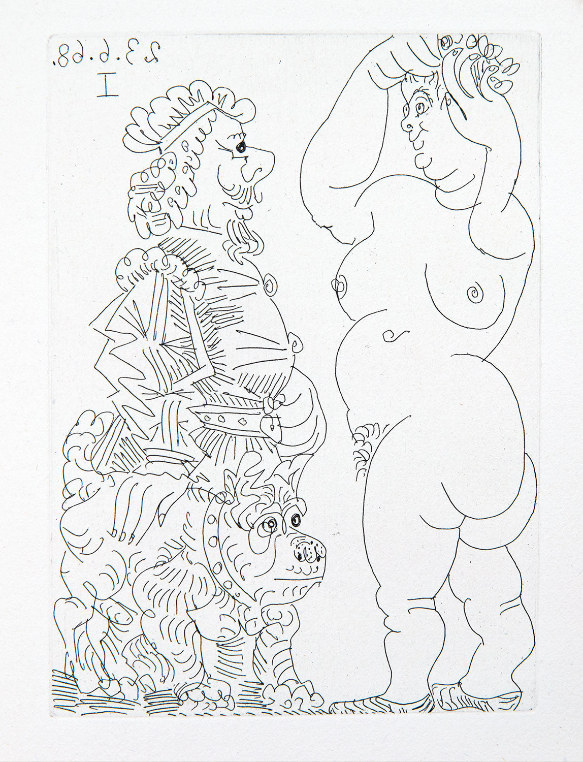 Grosse Prostituée et Homme au Beret Rembranesque et au Bouledogue Français