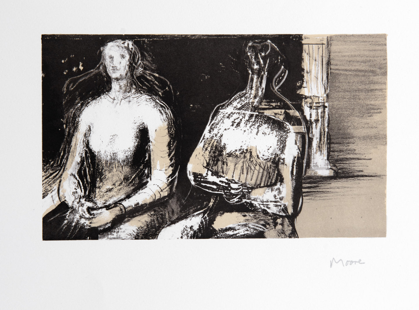 Two Seated Figures against Pillar
