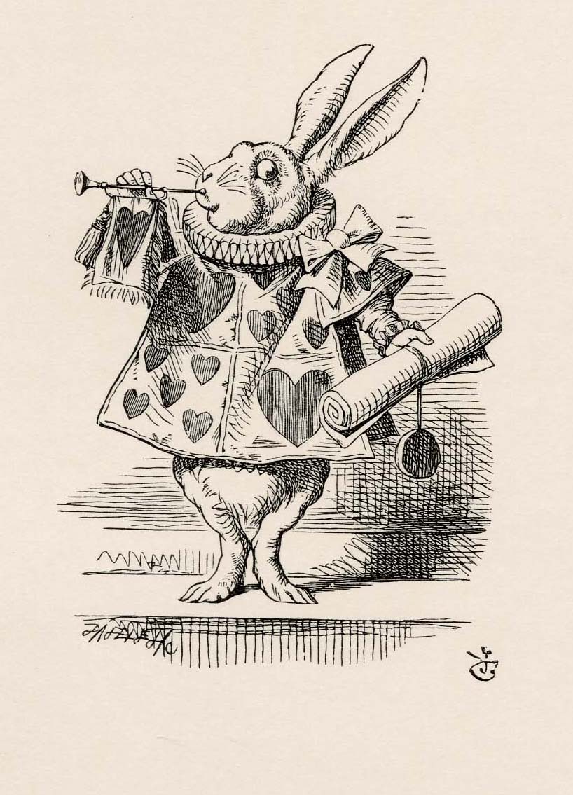 On this the White Rabbit blew three blasts on the trumpet...