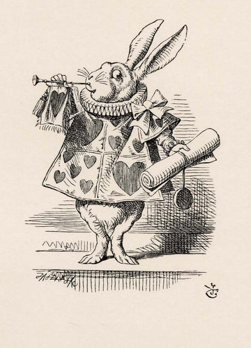 On this the White Rabbit blew three blasts on the trumpet...