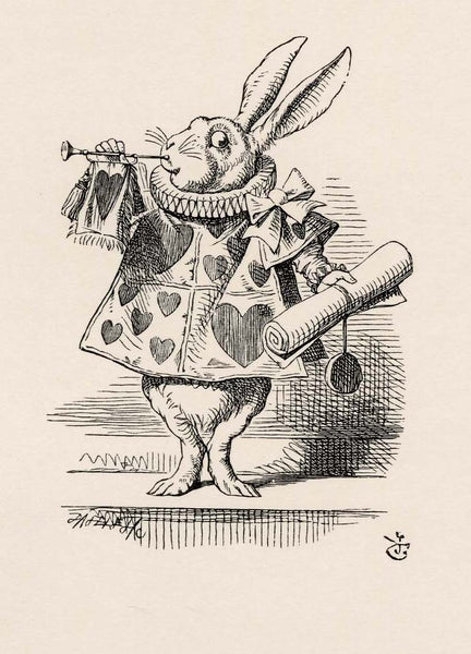 On this the White Rabbit blew three blasts on the trumpet...