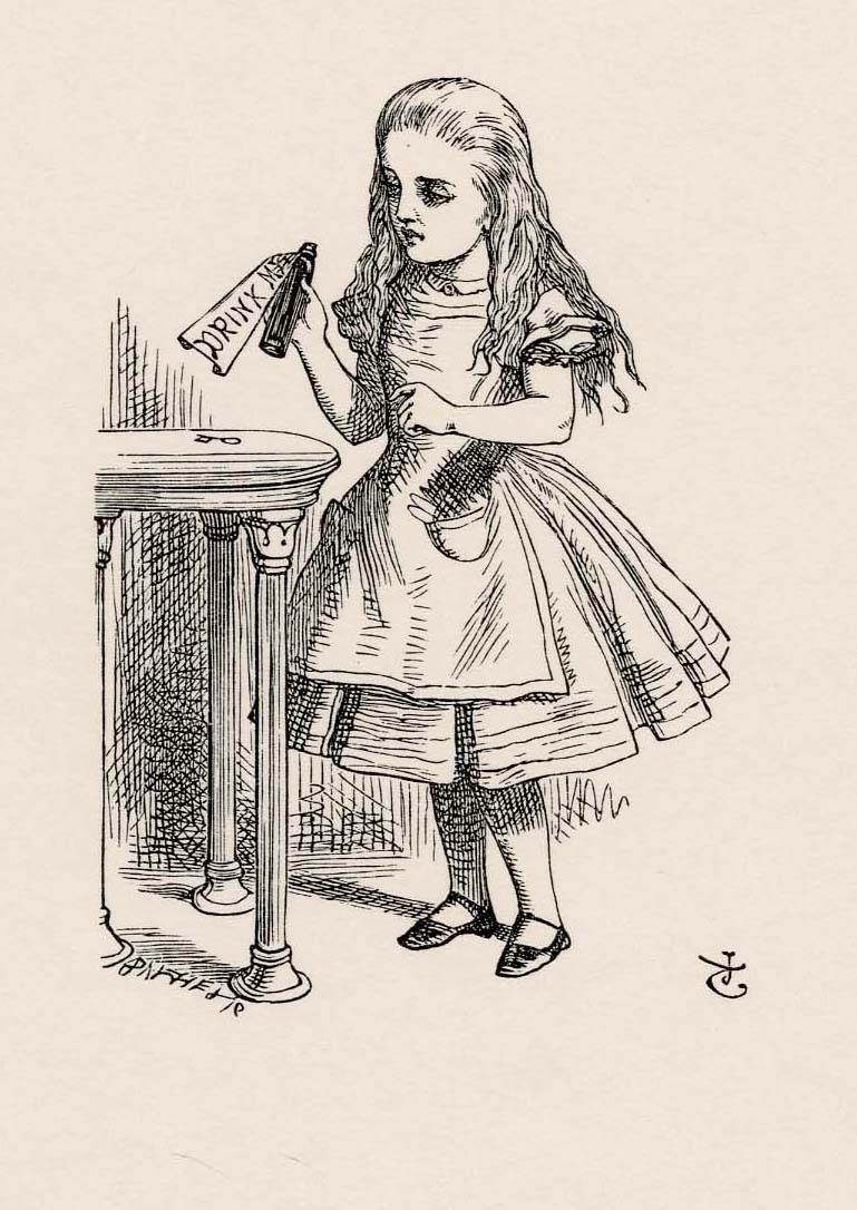 Tied round the neck of the bottle was a paper label, with the word's 'Drink Me,' beautifully printed in large letters.