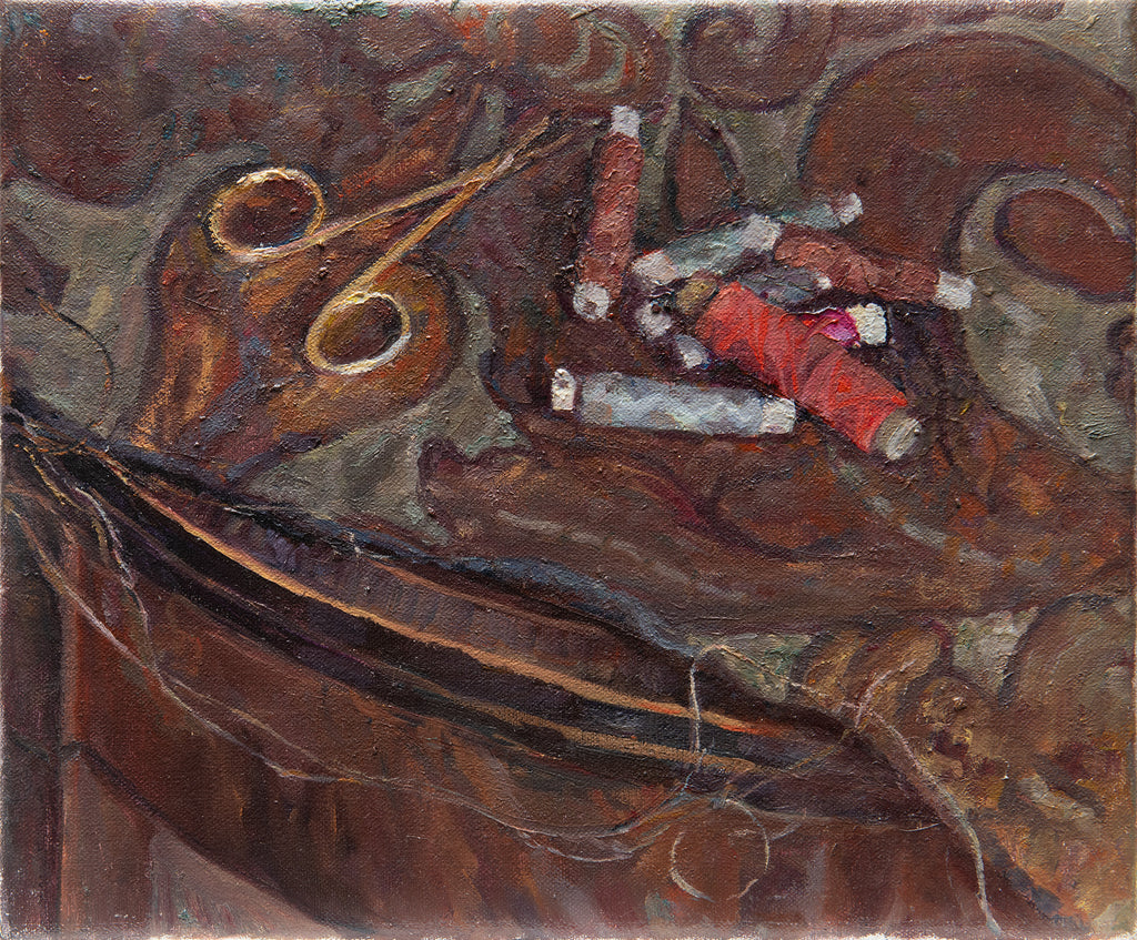 ﻿Scissors and Cotton Reel on Sewing Table