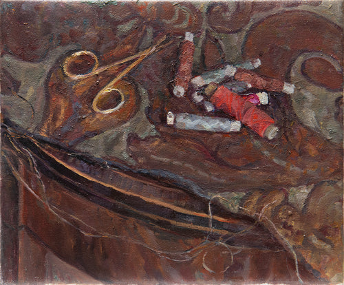 ﻿Scissors and Cotton Reel on Sewing Table