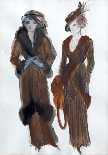 Two Haute Couture Costume Designs in Brown and Blue