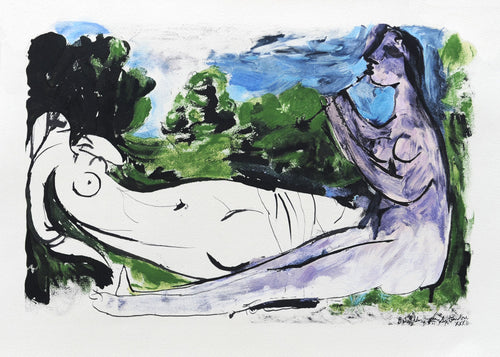 Femme nue couchée et jouer de flute