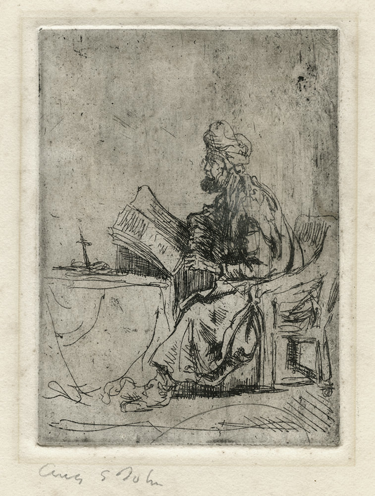 A Rabbi Studying, from a drawing by Rembrandt