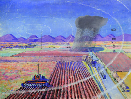 Farm with rain cloud and radiowave