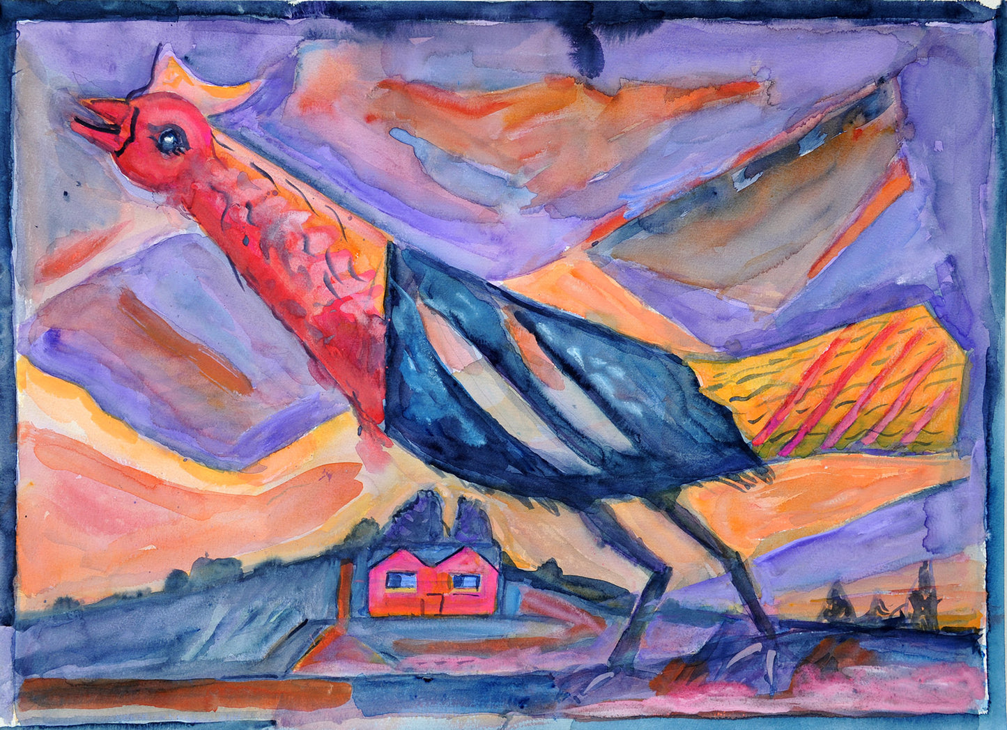 Untitled - Cockerel with Pink House in background
