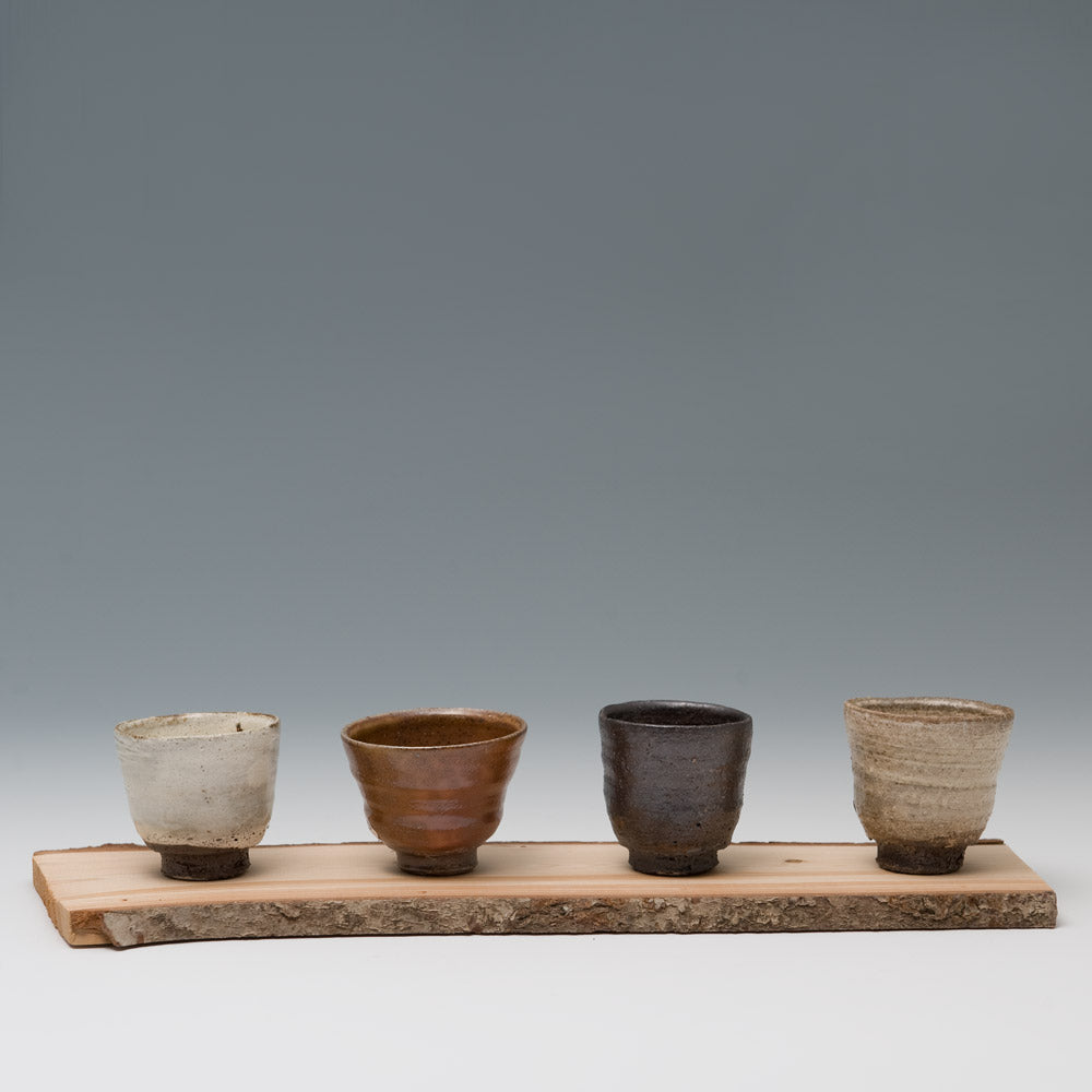 Set of Four Small Cups with Wooden Tray