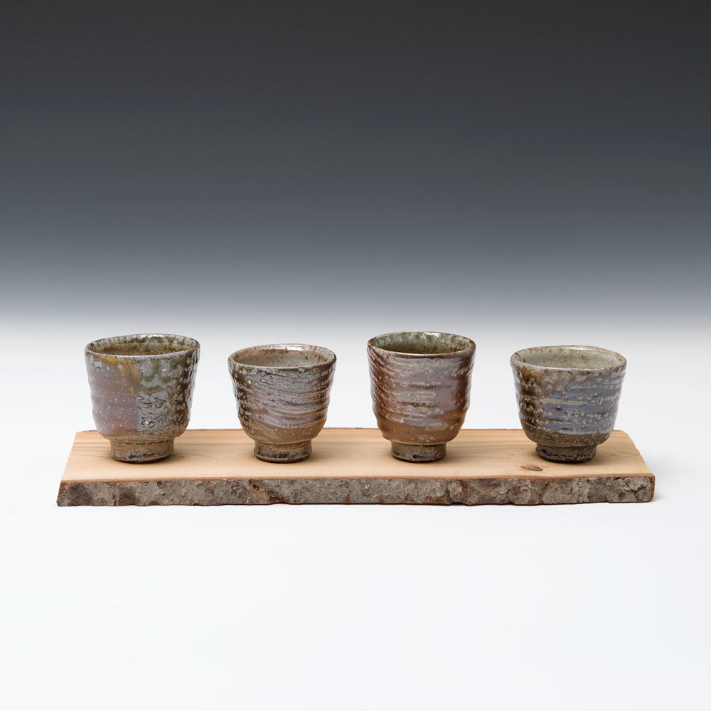 Set of Four Small Cups with Wooden Tray
