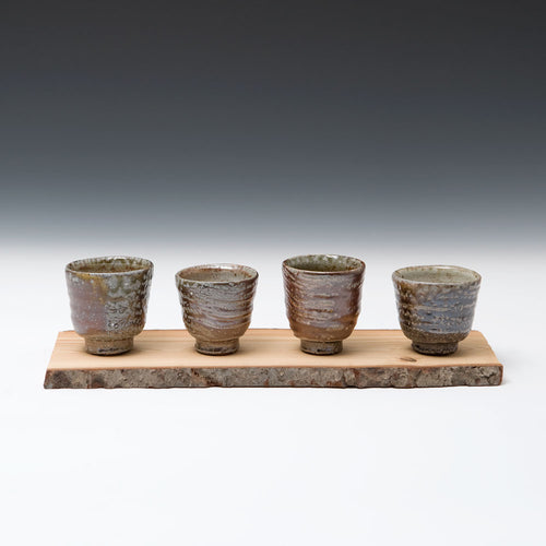 Set of Four Small Cups with Wooden Tray