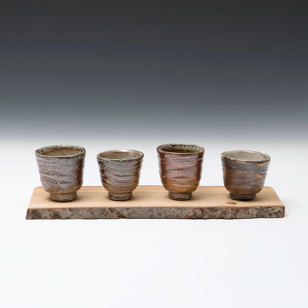 Set of Four Small Cups with Wooden Tray