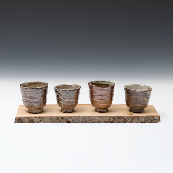 Set of Four Small Cups with Wooden Tray