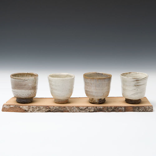 Set of Four Small Cups with Wooden Tray