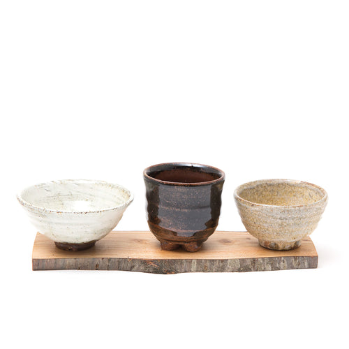 Set of Three Cups with Wooden Tray
