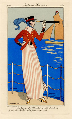 Costume de Yacht: veste de drap jupe de toile, chapeau de cuir
