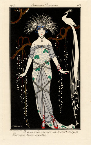 Grande robe du soir en brocart d'argent Perruque bleue, aigrettes