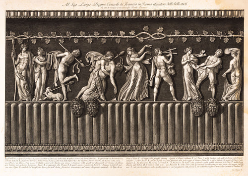 Complete relief of a vase decorated with a bacchanalian frieze.