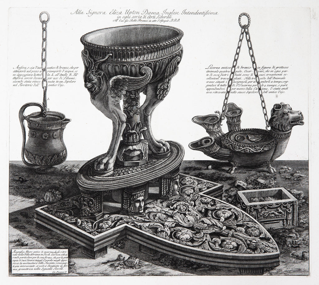 A perspective view of a Marble altar in the form of a tripod vase from Hadrian's Villa, between a multistemmed bronze lamp and a smaller lamp of bronze.