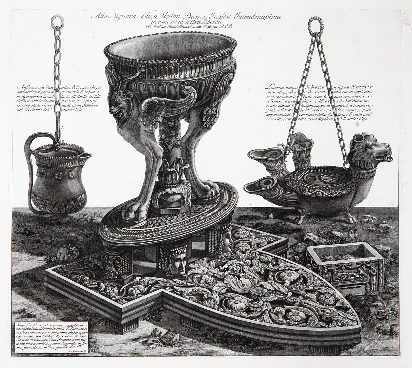A perspective view of a Marble altar in the form of a tripod vase from Hadrian's Villa, between a multistemmed bronze lamp and a smaller lamp of bronze.