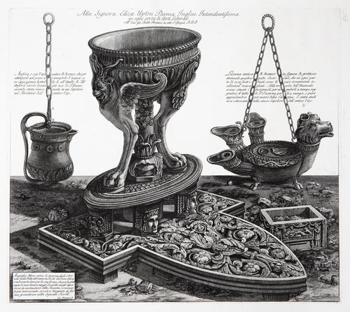 A perspective view of a Marble altar in the form of a tripod vase from Hadrian's Villa, between a multistemmed bronze lamp and a smaller lamp of bronze.