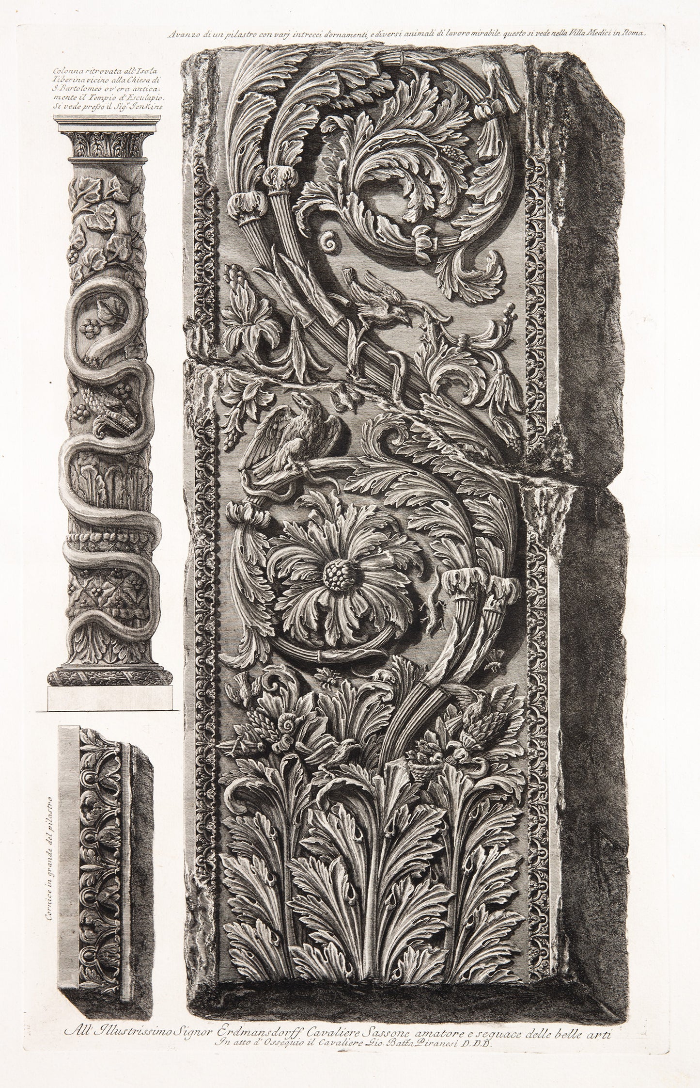 Fragment of an ornamental pilaster with detail and a column found on the Tiber Island.