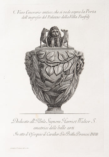 Funerary urn with lion worried by dogs on the lid.