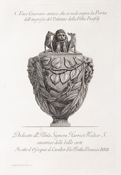 Funerary urn with lion worried by dogs on the lid.