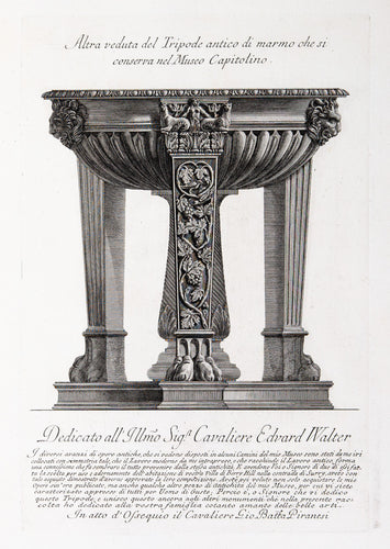 Marble tripod with vine leaves on the legs and spiral central support.