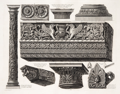 Ornamental frieze with confronted griffons and other fragments