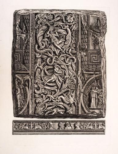 Part of an ornamental slab with arabesques and bacchantes from Hadrian's Villa, Tivoli, and a terracotta frieze from the Gaetani Gardens.