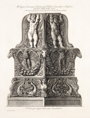 Perspective view of the base of a candelabrum with putto above, an eagle, ram's heads, dolphins and sphinxes in relief