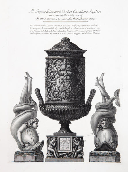 Two cinerary urns, one of them with trophies and arabesques resting on the other with geniuses and torches, both flanked by two views of a small group of a boy with a dolphin.