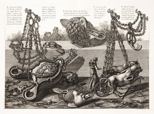 Various lamps of bronze and terracotta including another view of the chariot lamp drawn by two bulls driven by Diana.