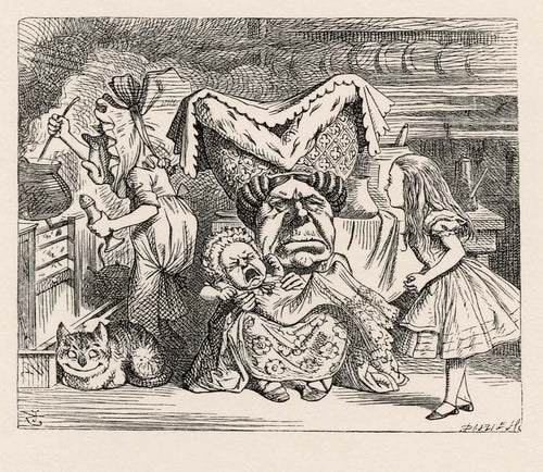 The Duchess was sitting on a three-legged stool in the middle, nursing a baby...