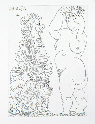 Grosse Prostituée et Homme au Beret Rembranesque et au Bouledogue Français