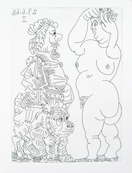 Grosse Prostituée et Homme au Beret Rembranesque et au Bouledogue Français