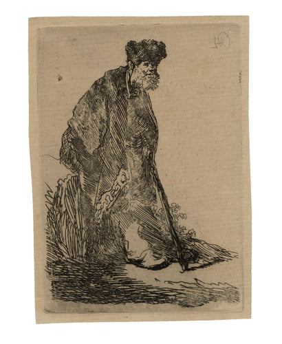 Man in Cloak and Fur Cap Leaning Against Bank