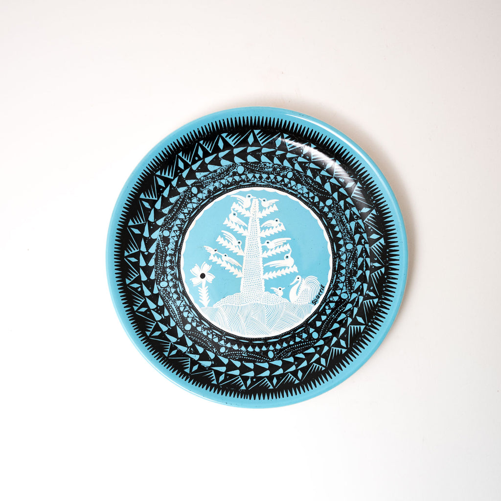 Circular Plate, Blue, Black and White